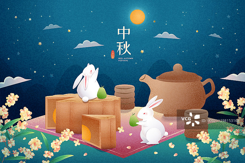 中秋野餐玉兔插图图片素材