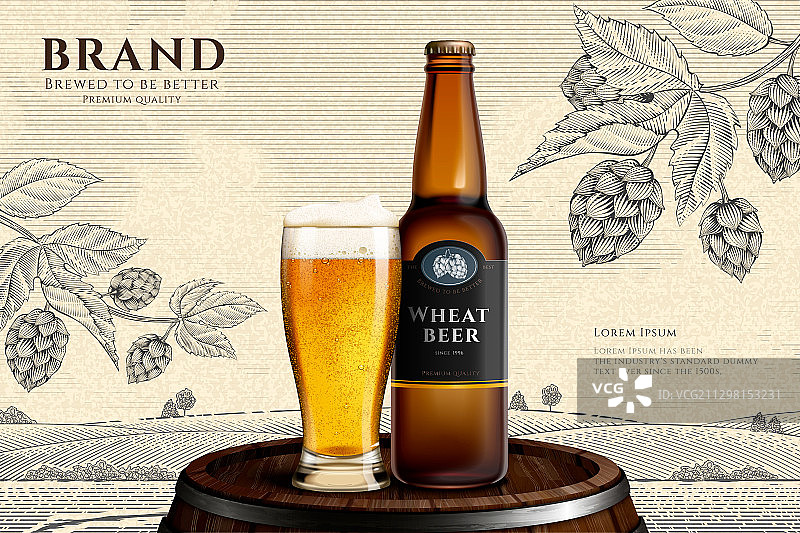 酒桶上的小麦啤酒横幅广告图片素材