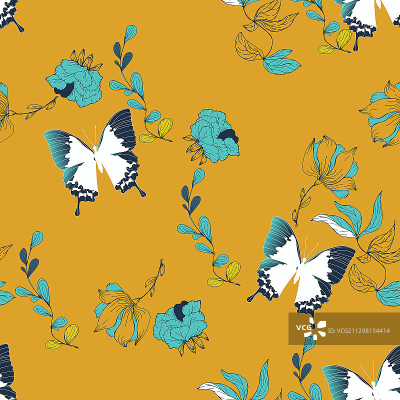 无缝花卉蝴蝶图案图片素材