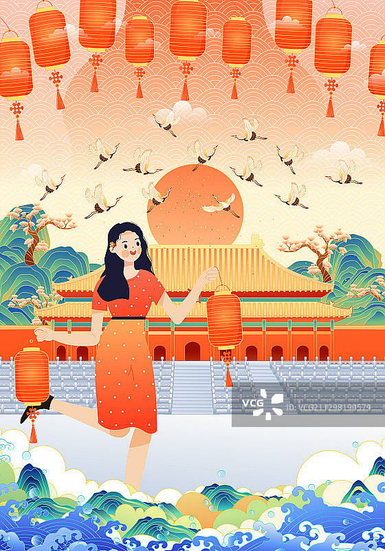 国潮风故宫建筑矢量插画图片素材
