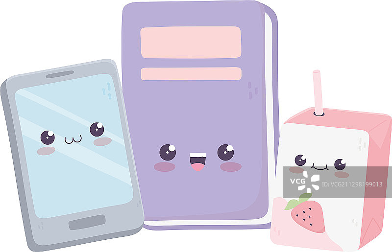 可爱的智能手机、书本和盒装果汁卡通形象图片素材