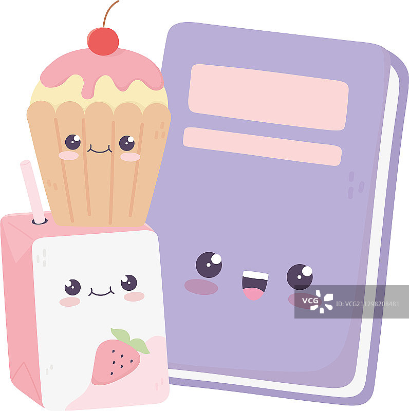 书本、纸杯蛋糕和盒装果汁卡哇伊卡通图片素材