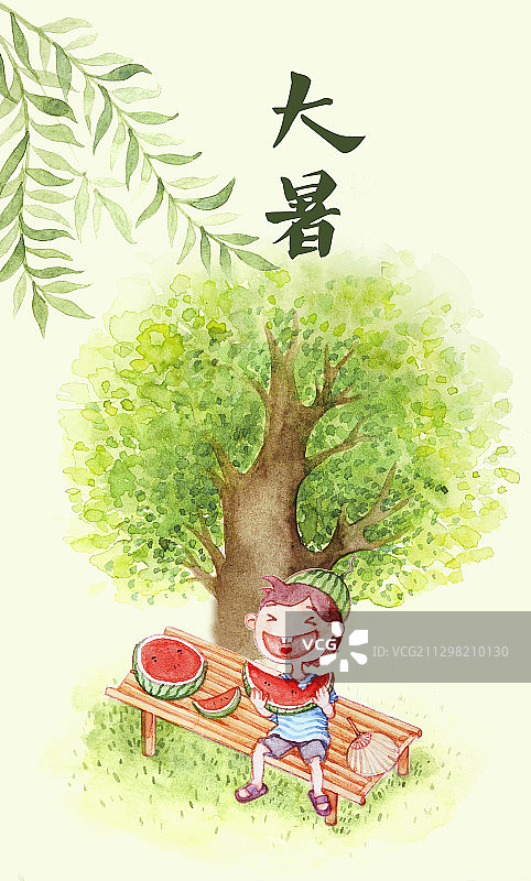 夏天大树下吃西瓜的男孩插画图片素材