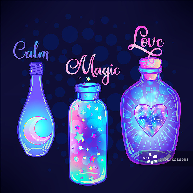 带有粉色月亮的蓝色魔法药水瓶套装图片素材