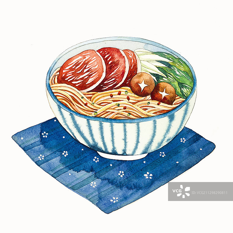 麻辣牛肉香菇青菜拉面插画图片素材