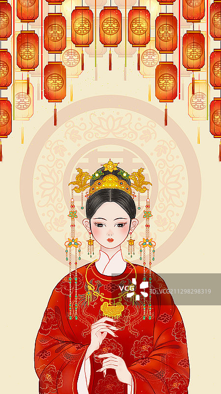 新娘中式婚礼中国风手绘插画图片素材