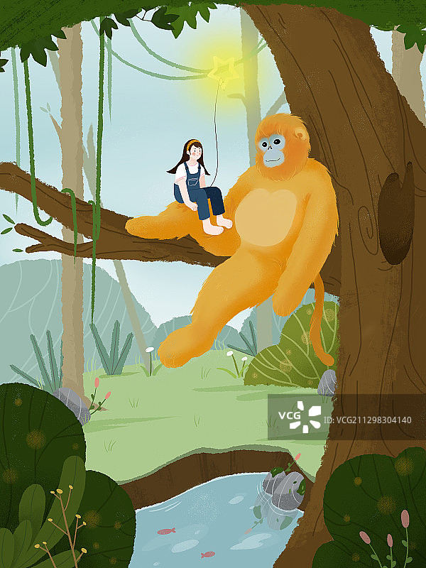 女孩和金丝猴图片素材