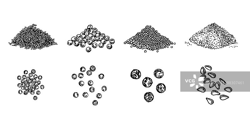 香料堆：黑胡椒、豌豆、芝麻籽图片素材
