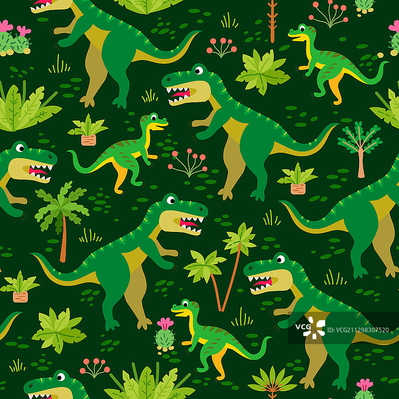 儿童恐龙和热带树叶图案图片素材