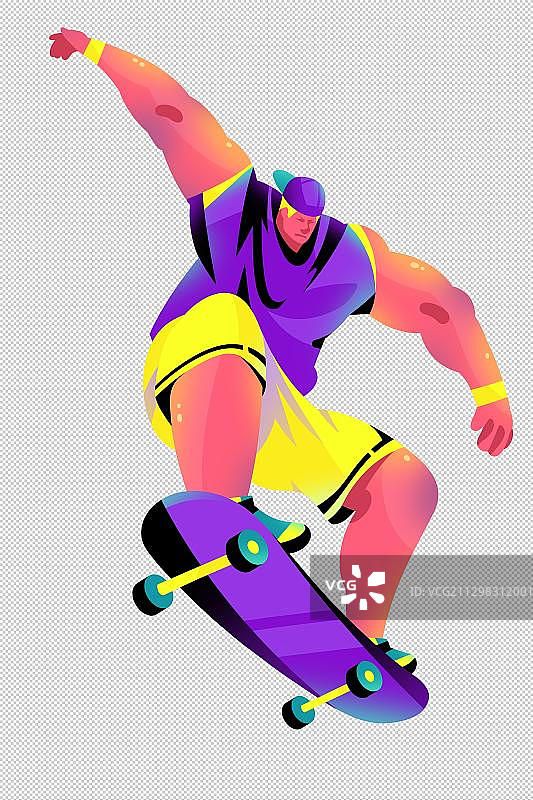 男青年带滑板跳起腾空的插画图片素材