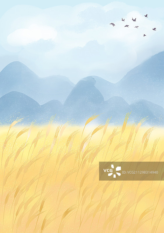 丰收的麦田和远山 手绘插画图片素材