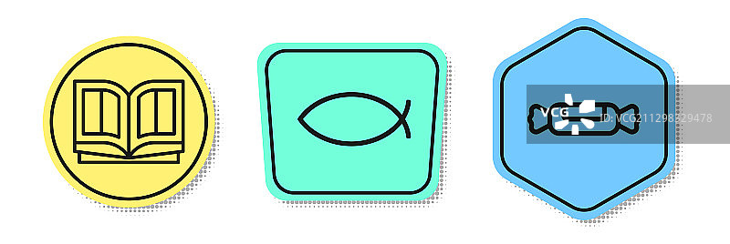 基督教圣经鱼和糖果线性图标图片素材