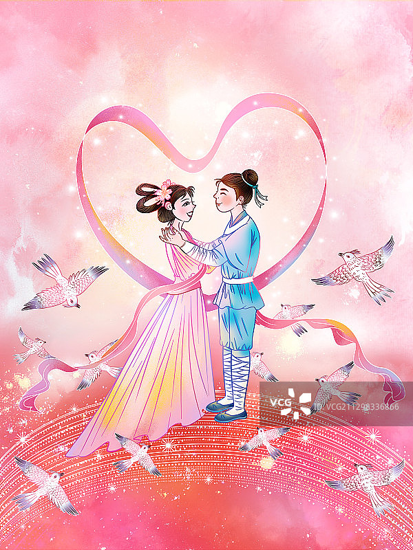 七夕牛郎织女鹊桥相会插画图片素材