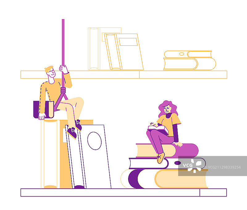 在巨大的书架旁学习的小学生图片素材