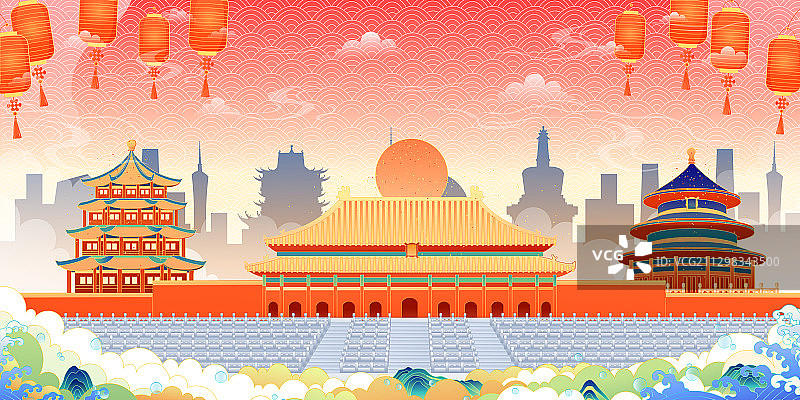 国潮风北京建筑矢量插画图片素材