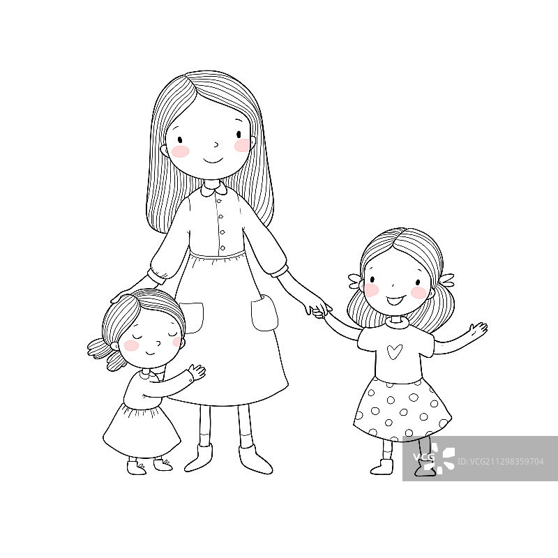 年轻母亲和两个女儿的可爱卡通图片素材