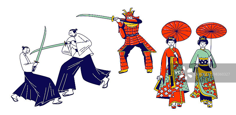 日式艺伎与伞和武士套装图片素材