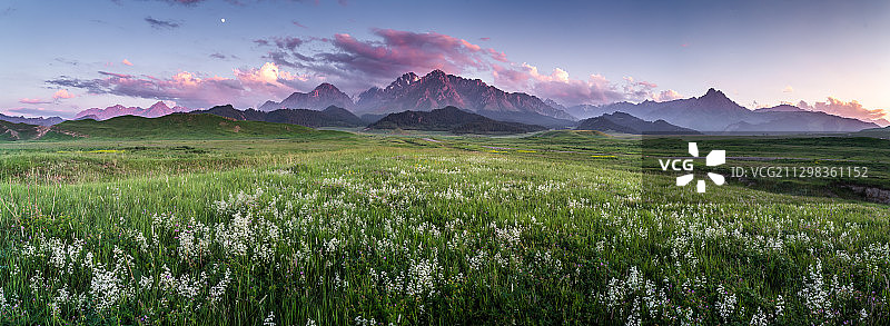 新疆天山鹿角湾草原野花牧场山峰日落图片素材