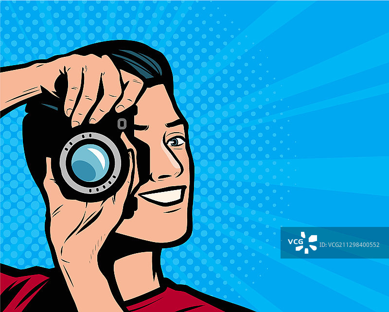 拿着相机的快乐男人复古漫画图片素材
