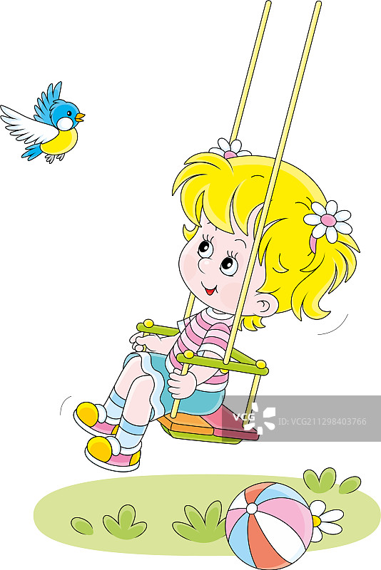 小女孩和有趣的小鸟一起荡秋千图片素材