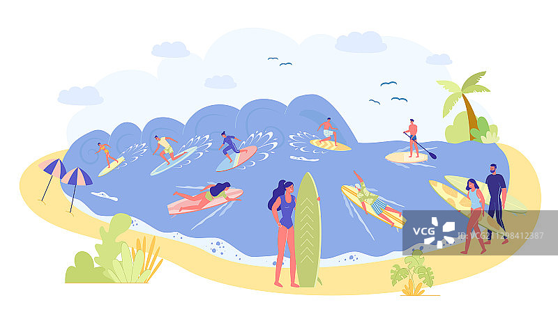 一群不同的冲浪者在清澈的海岸边图片素材