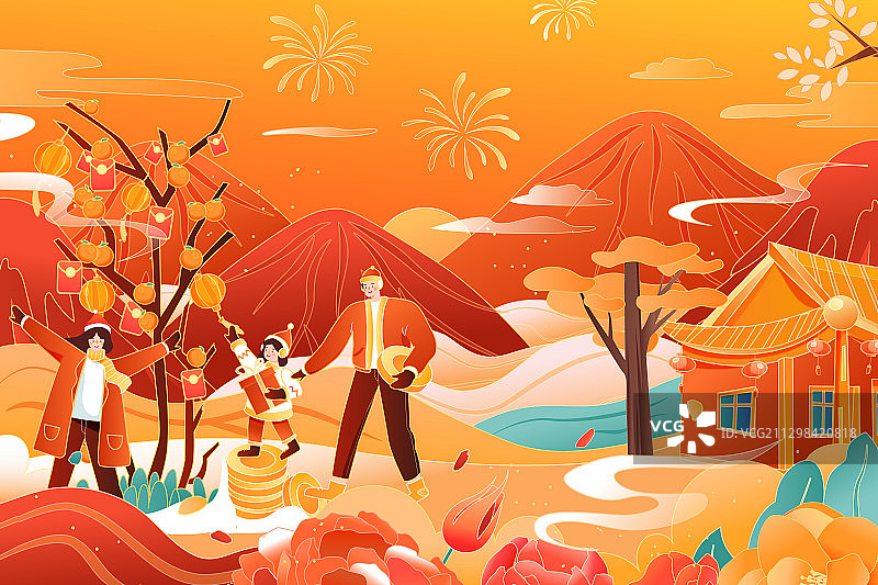 卡通年货节新年春节冬季促销电商网购送礼消费家人中国风矢量插画图片素材