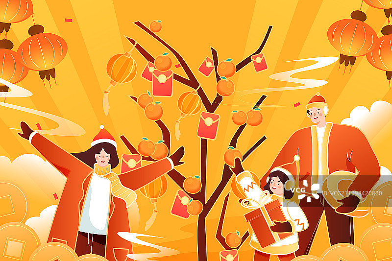 卡通年货节新年春节冬季促销电商网购送礼消费家人中国风矢量插画图片素材