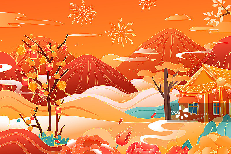 卡通年货节新年春节冬季促销电商网购送礼消费家人中国风矢量插画图片素材