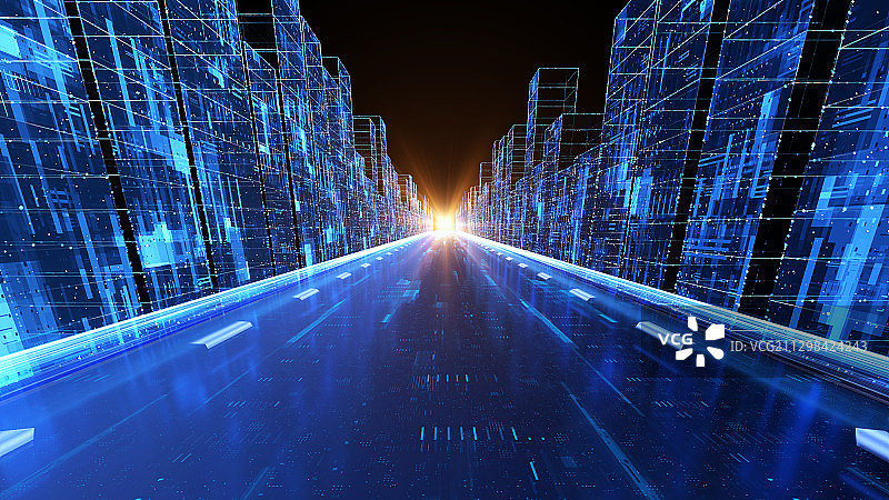 三维渲染的虚拟数字城市和路面图片素材