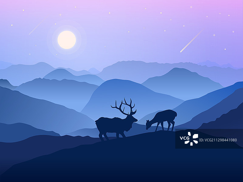 爱情邂逅-两只在山间觅食的麋鹿渐变插画图片素材