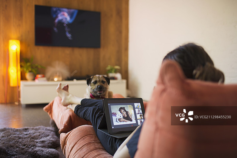 女人和狗在平板电脑上与朋友视频聊天图片素材