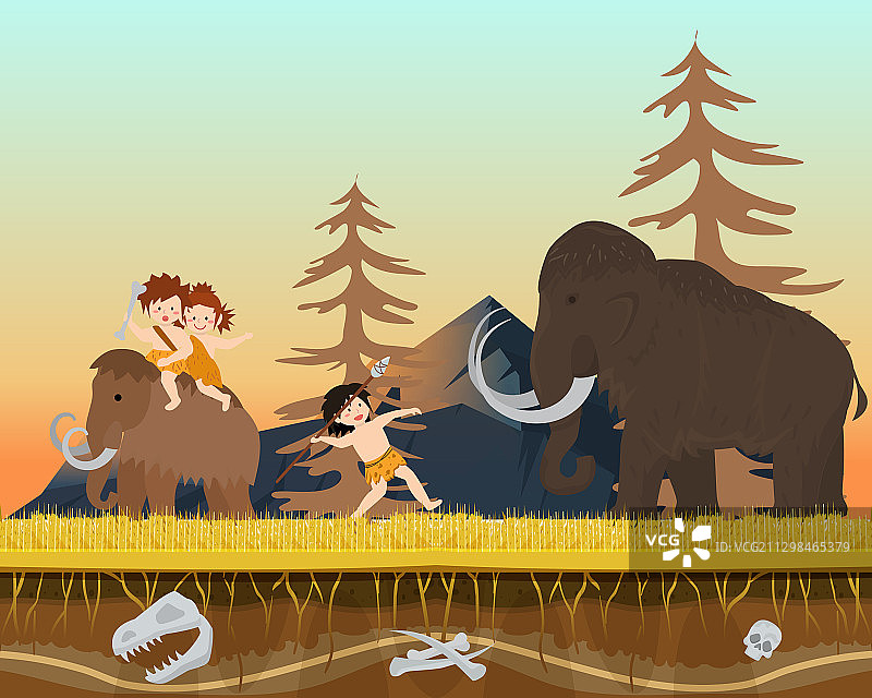 猎捕野生猛犸象的儿童图片素材
