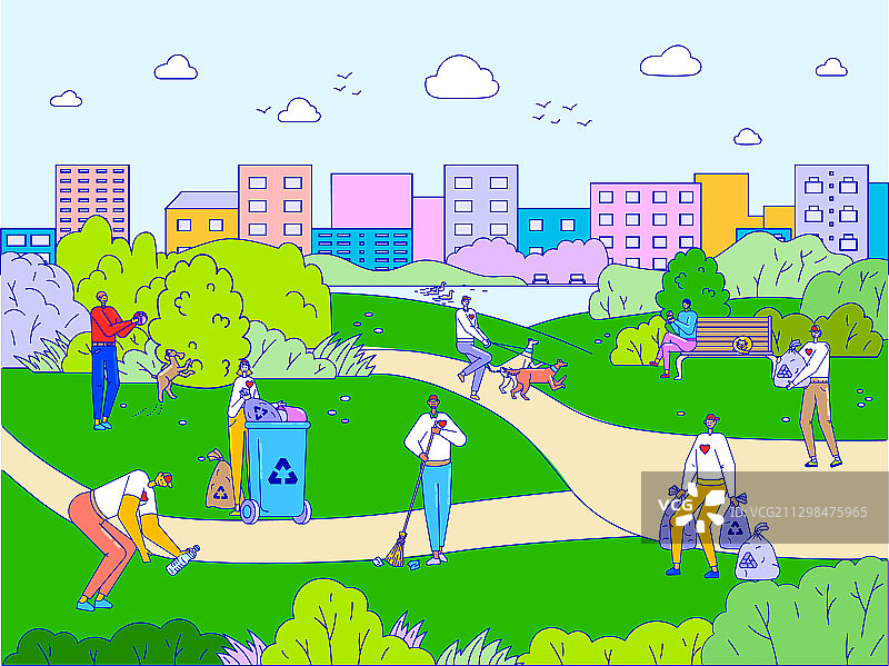 志愿者清洁城市公园卡通图片素材