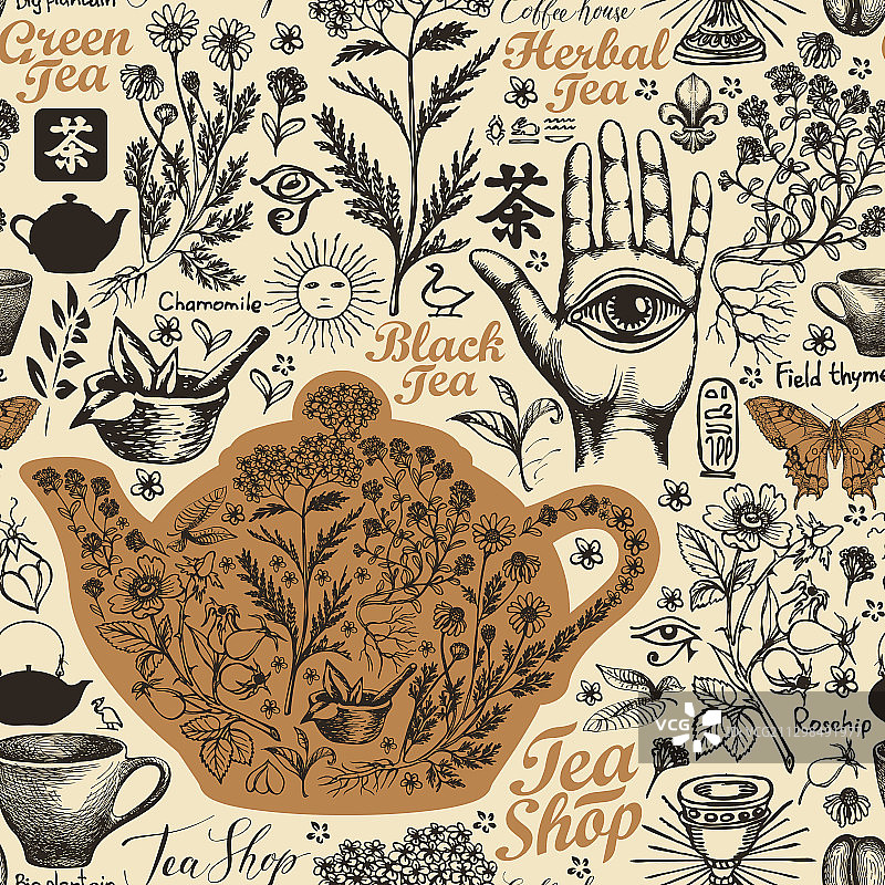 茶主题手绘无缝图案图片素材