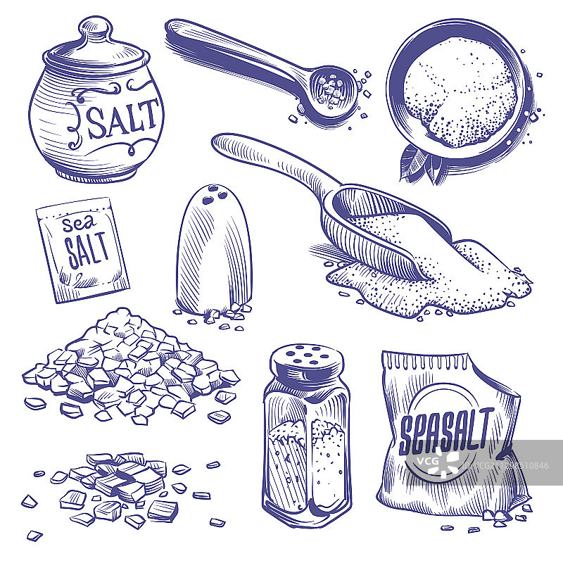 手绘海盐和喜马拉雅盐晶图片素材