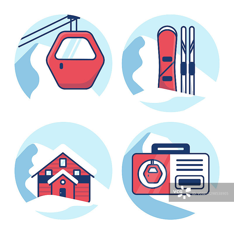 滑雪胜地红色小屋缆车设备图标集图片素材