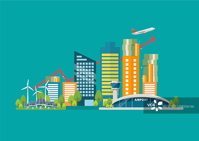 扁平风格城市景观与上升曲线、金钱元素图片素材