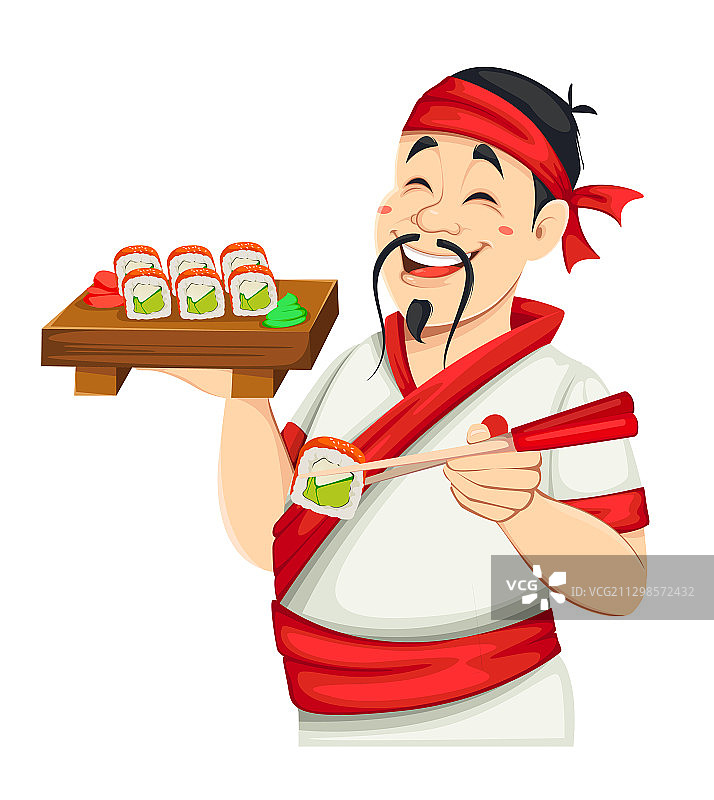 手持寿司的亚洲厨师图片素材