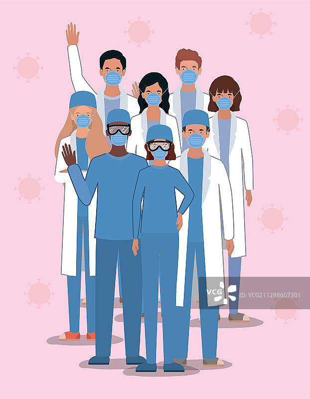 戴口罩的医生：男人和女人共同抗击2019新型冠状病毒图片素材