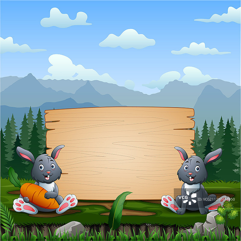 快乐的兔子坐在木牌附近图片素材