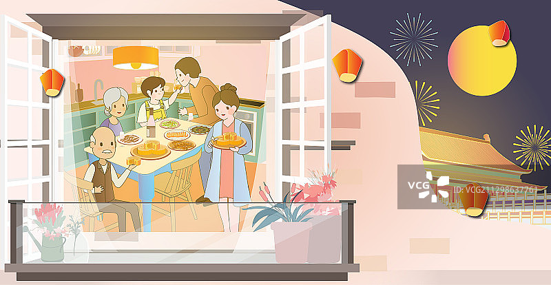 国庆节中秋节新年元宵节家庭团圆饭横版无字图片素材