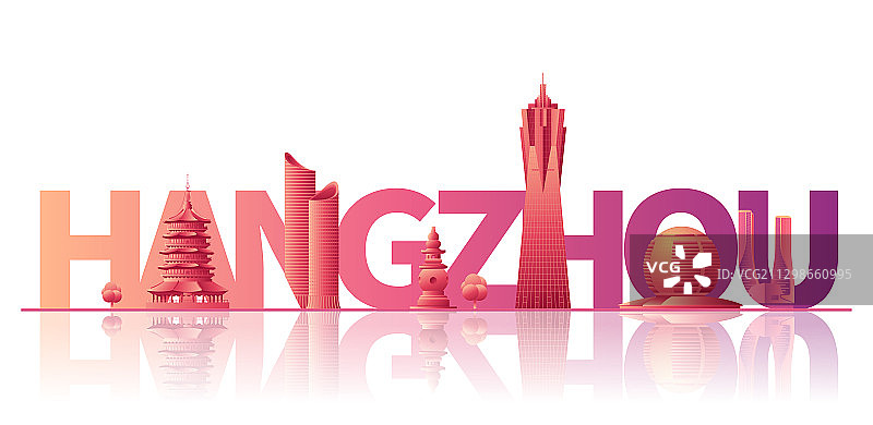 杭州城市天际线矢量地标建筑插画图片素材