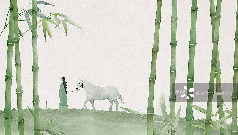 中国风插画牵马行山图图片素材