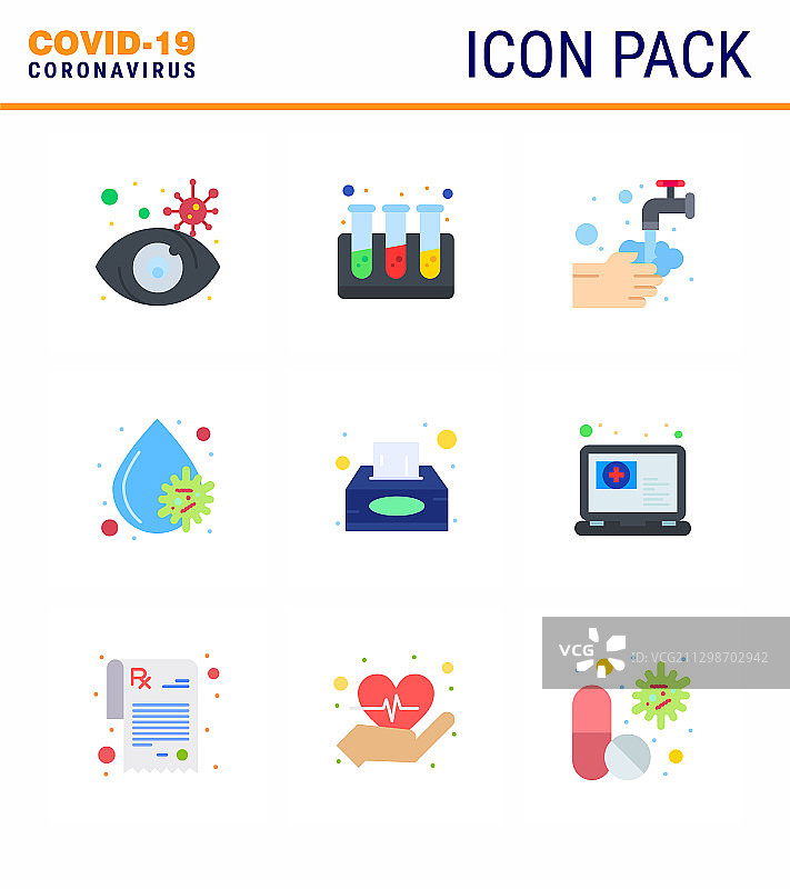 9个扁平彩色冠状病毒疫情图标包图片素材