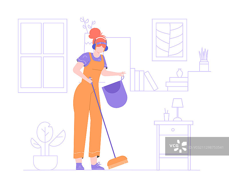 戴耳机、穿连体裤、拿着扫帚的女孩图片素材
