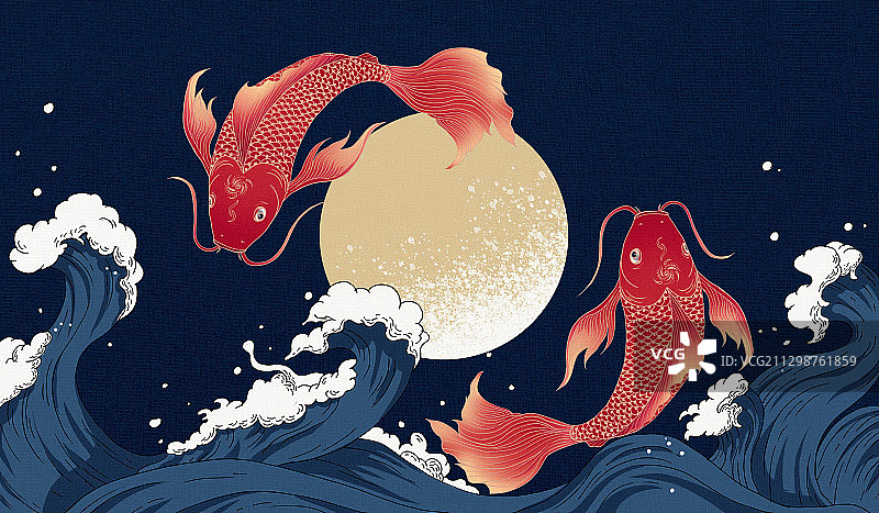 两只锦鲤跳出水面国风绘画图片素材