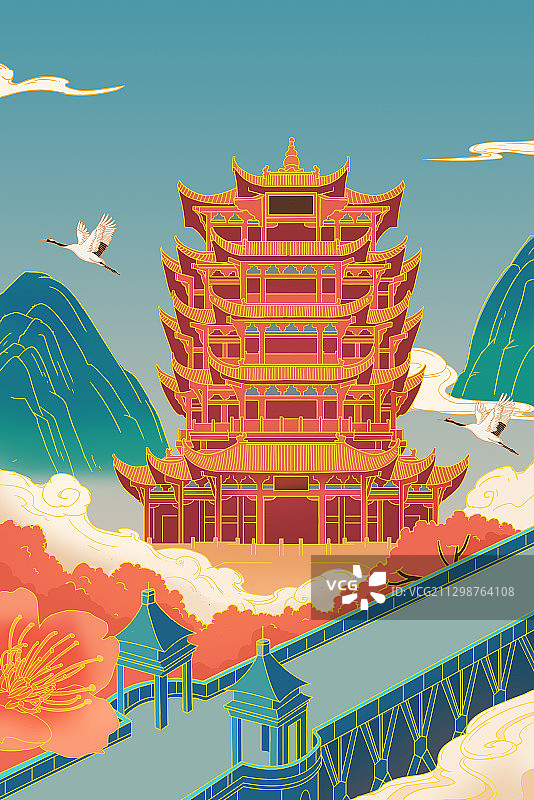 中国风手绘黄鹤楼图片素材