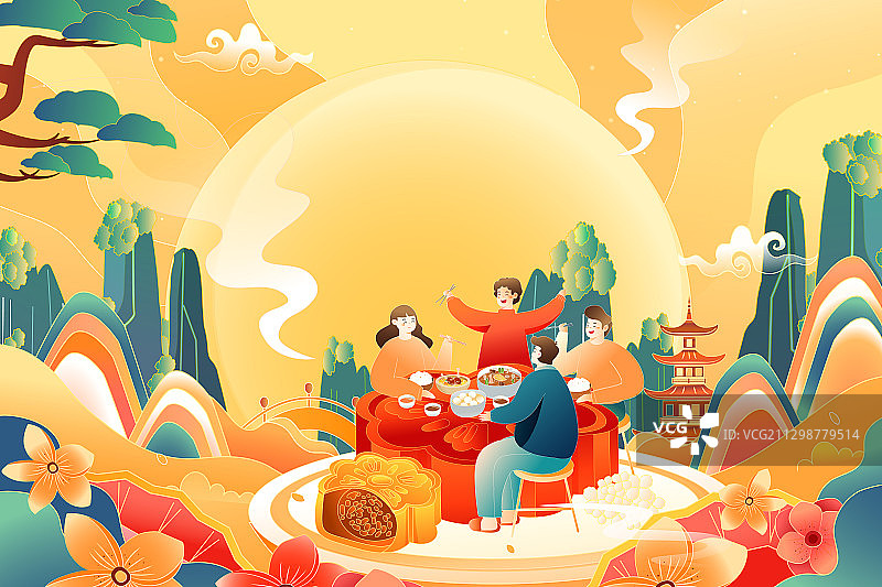卡通中秋节传统节日习俗美食聚餐家人团圆中国风国潮矢量插画图片素材