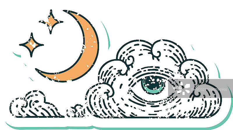 怀旧纹身风格贴纸月亮图标图片素材