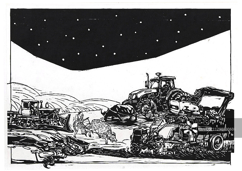 黑白木刻版画《星空之夏7》图片素材